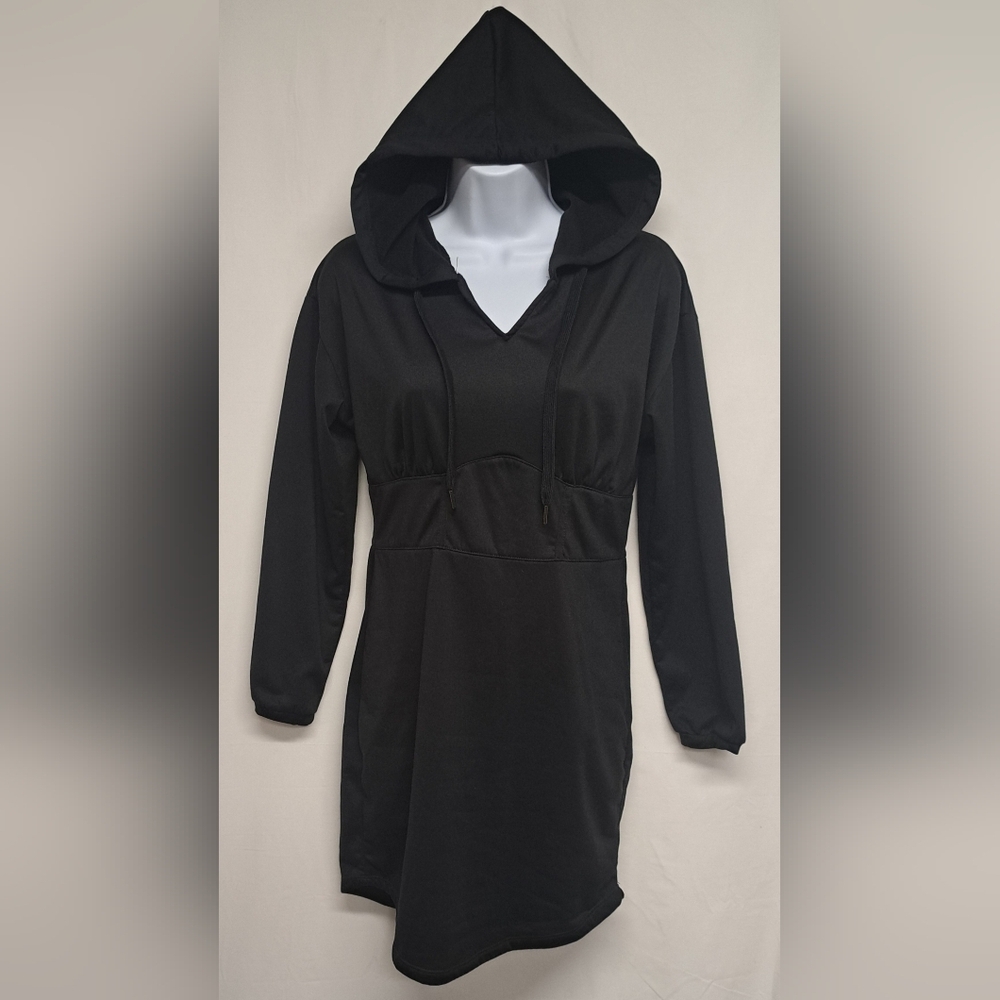 Nobo No Boundaries M 7-9 Black Hoodie Dress  Above Knee Ling Sleeve  Drawstring